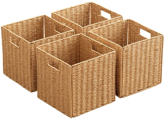 Main image of Foldable Storage Baskets with Handles Paper Rope Storage Baskets Rectangle Collapsible Hand Woven Storage Cubes Bins for Organizing Shelves Living Room Bedroom Pantry (4, 11'' x 11'' x 11'')