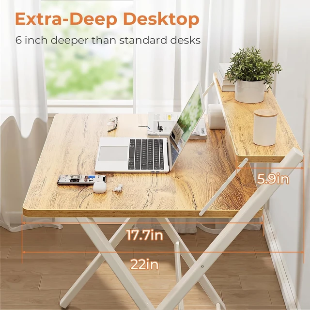 Alt view image 5 of 7 - Folding Desk No Assembly, Sturdy Computer Desk for Small Spaces | Portable Foldable Table for Laptop, 2-Tier Compact with Shelf, Space Saving for Home Office, Dorm, Apartment, 27.3"x 22" Oak