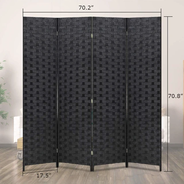 Alt view image 7 of 7 - 4-Panel Folding Room Divider | 6ft, Black | Light & Portable | Wooden Wall Divider with Hand Woven Mesh | Easy to Move Privacy Screen | For Space Separation, Living Room, Bedroom, Office