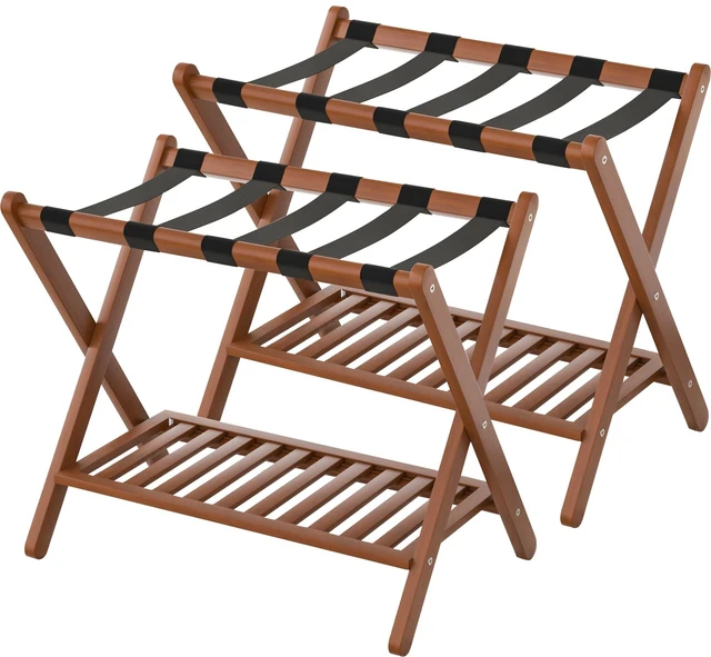 Main image of Luggage Racks Set Of 2 Suitcase Stand Foldable With Storage Shelf For Guest Room Hotel Essentials Solid Bamboo Heavy-Duty Item Holder Chestnut Brown