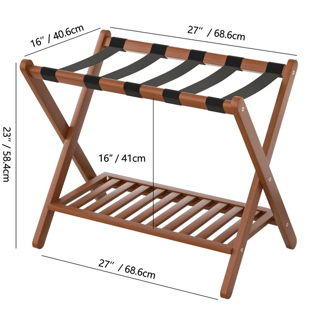 Alt view image 2 of 7 - Luggage Racks Set Of 2 Suitcase Stand Foldable With Storage Shelf For Guest Room Hotel Essentials Solid Bamboo Heavy-Duty Item Holder Chestnut Brown