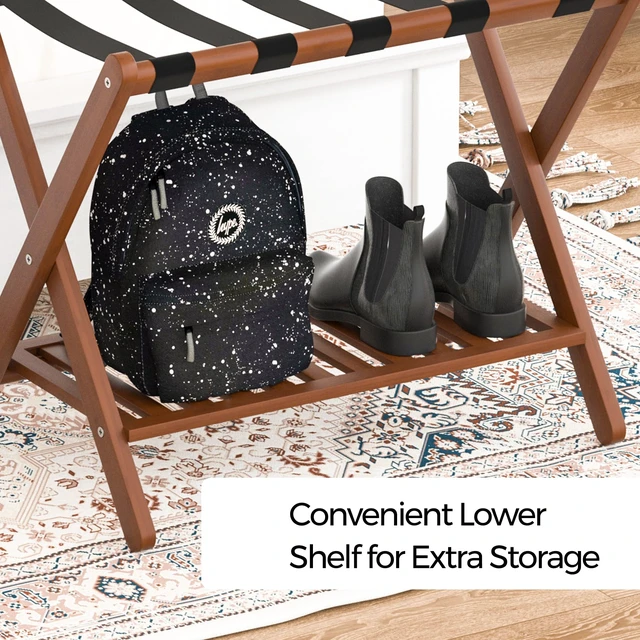 Alt view image 3 of 7 - Luggage Racks Set Of 2 Suitcase Stand Foldable With Storage Shelf For Guest Room Hotel Essentials Solid Bamboo Heavy-Duty Item Holder Chestnut Brown