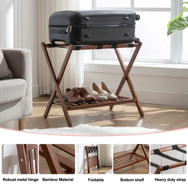 Alt view image 4 of 7 - Luggage Racks Set Of 2 Suitcase Stand Foldable With Storage Shelf For Guest Room Hotel Essentials Solid Bamboo Heavy-Duty Item Holder Chestnut Brown