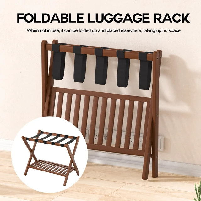 Alt view image 5 of 7 - Luggage Racks Set Of 2 Suitcase Stand Foldable With Storage Shelf For Guest Room Hotel Essentials Solid Bamboo Heavy-Duty Item Holder Chestnut Brown