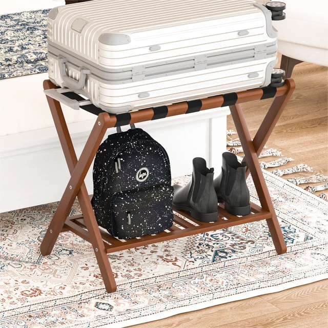 Alt view image 6 of 7 - Luggage Racks Set Of 2 Suitcase Stand Foldable With Storage Shelf For Guest Room Hotel Essentials Solid Bamboo Heavy-Duty Item Holder Chestnut Brown