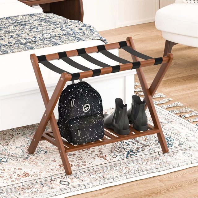 Alt view image 7 of 7 - Luggage Racks Set Of 2 Suitcase Stand Foldable With Storage Shelf For Guest Room Hotel Essentials Solid Bamboo Heavy-Duty Item Holder Chestnut Brown