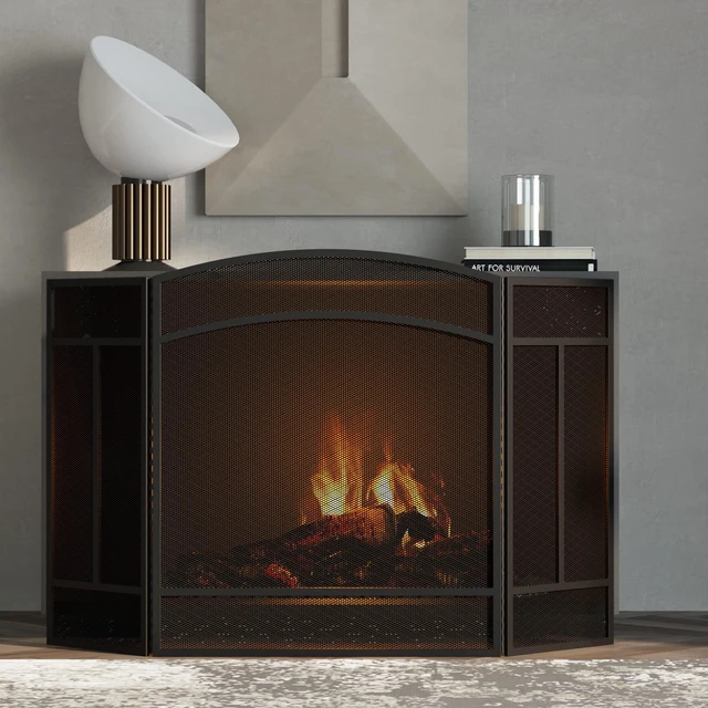 Alt view image 2 of 7 - 3 Panel Arch Top Fireplace Screen Fire Screen Spark Guard Cover | 3 Panel Foldable; Anti Pinch Piano Hinge; Safe Design; Powder Coated; Dense Mesh; Heavy Duty; 48x29; Black; No Assembly