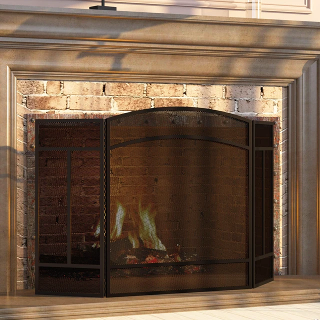 Alt view image 4 of 7 - 3 Panel Arch Top Fireplace Screen Fire Screen Spark Guard Cover | 3 Panel Foldable; Anti Pinch Piano Hinge; Safe Design; Powder Coated; Dense Mesh; Heavy Duty; 48x29; Black; No Assembly