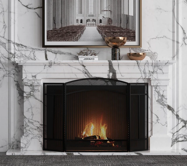 Alt view image 7 of 7 - 3 Panel Arch Top Fireplace Screen Fire Screen Spark Guard Cover | 3 Panel Foldable; Anti Pinch Piano Hinge; Safe Design; Powder Coated; Dense Mesh; Heavy Duty; 48x29; Black; No Assembly