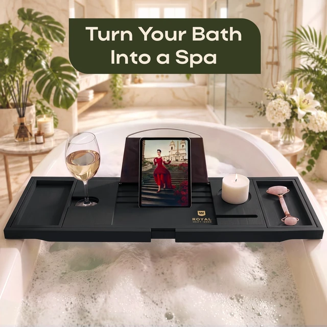 Alt view image 2 of 7 - Premium Foldable Bathtub Tray Caddy - Wood Bath Tray for Tub, Bamboo Shelf, Expandable Bath Table Trays, Bathtub & Bathroom Accessories for New Home & Mothers, Birthday Gifts for Mom
