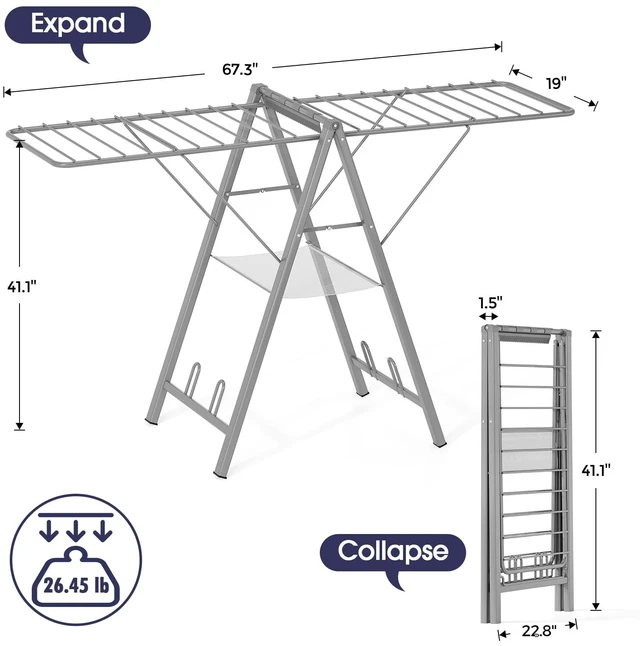 Alt view image 2 of 7 - Clothes Drying Rack, 67.3" L Height Adjustable, Foldable, Grey | 1.5"Folded, No Assembly, Space-Saving, Spacious Design, Adjustable Wings, Clips, Mesh Shelf, Shoe Rack, Indoor & Outdoor Use