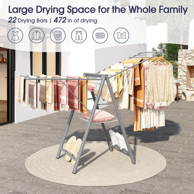 Alt view image 3 of 7 - Clothes Drying Rack, 67.3" L Height Adjustable, Foldable, Grey | 1.5"Folded, No Assembly, Space-Saving, Spacious Design, Adjustable Wings, Clips, Mesh Shelf, Shoe Rack, Indoor & Outdoor Use