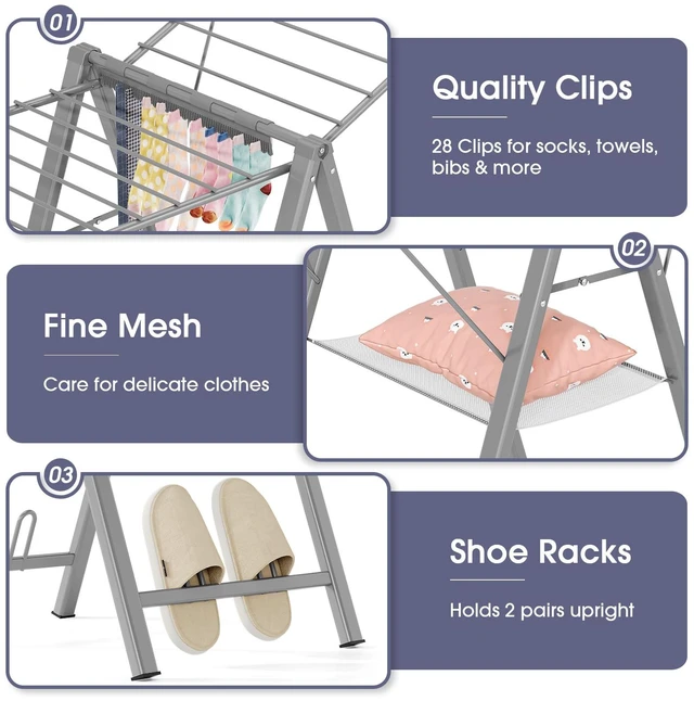 Alt view image 4 of 7 - Clothes Drying Rack, 67.3" L Height Adjustable, Foldable, Grey | 1.5"Folded, No Assembly, Space-Saving, Spacious Design, Adjustable Wings, Clips, Mesh Shelf, Shoe Rack, Indoor & Outdoor Use