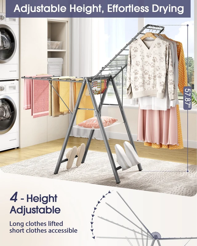 Alt view image 6 of 7 - Clothes Drying Rack, 67.3" L Height Adjustable, Foldable, Grey | 1.5"Folded, No Assembly, Space-Saving, Spacious Design, Adjustable Wings, Clips, Mesh Shelf, Shoe Rack, Indoor & Outdoor Use