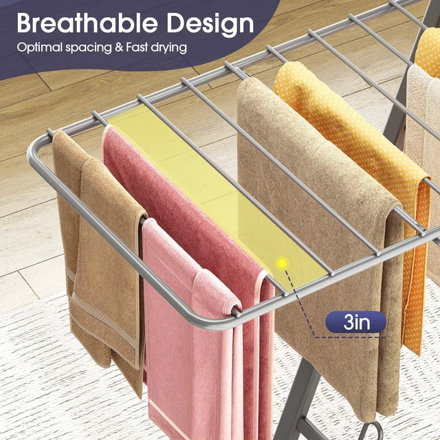 Alt view image 5 of 7 - Clothes Drying Rack, 67.3" L Height Adjustable, Foldable, Grey | 1.5"Folded, No Assembly, Space-Saving, Spacious Design, Adjustable Wings, Clips, Mesh Shelf, Shoe Rack, Indoor & Outdoor Use