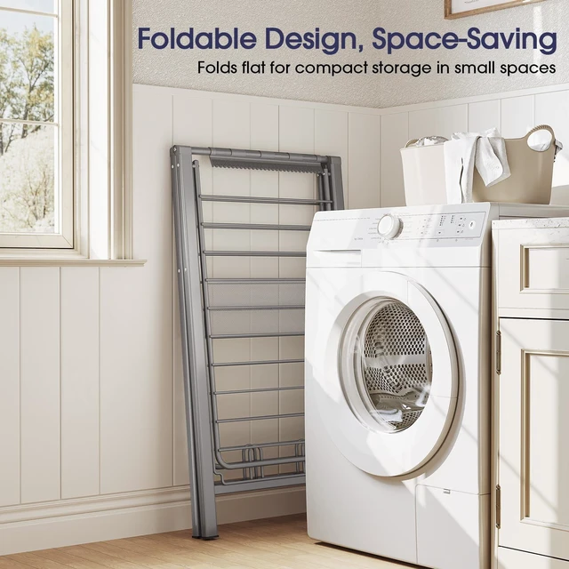 Alt view image 7 of 7 - Clothes Drying Rack, 67.3" L Height Adjustable, Foldable, Grey | 1.5"Folded, No Assembly, Space-Saving, Spacious Design, Adjustable Wings, Clips, Mesh Shelf, Shoe Rack, Indoor & Outdoor Use