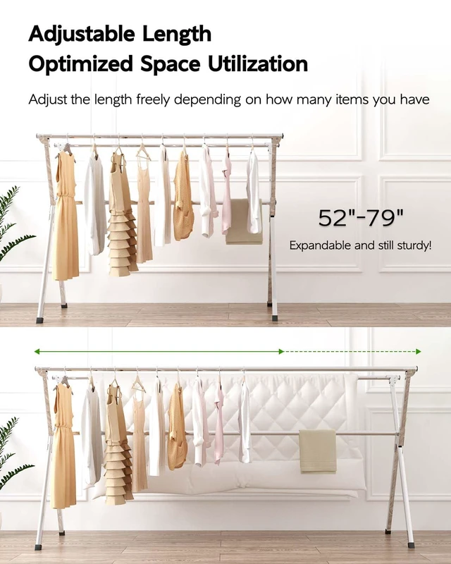 Alt view image 2 of 6 - Clothes Drying Rack 79" Folding Indoor Outdoor, Drying Rack Clothing | Collapsible, Foldable Laundry Drying Rack, Heavy Duty Stainless Steel Clothesline, Garmet Rack, 20 Hooks 12 Clips