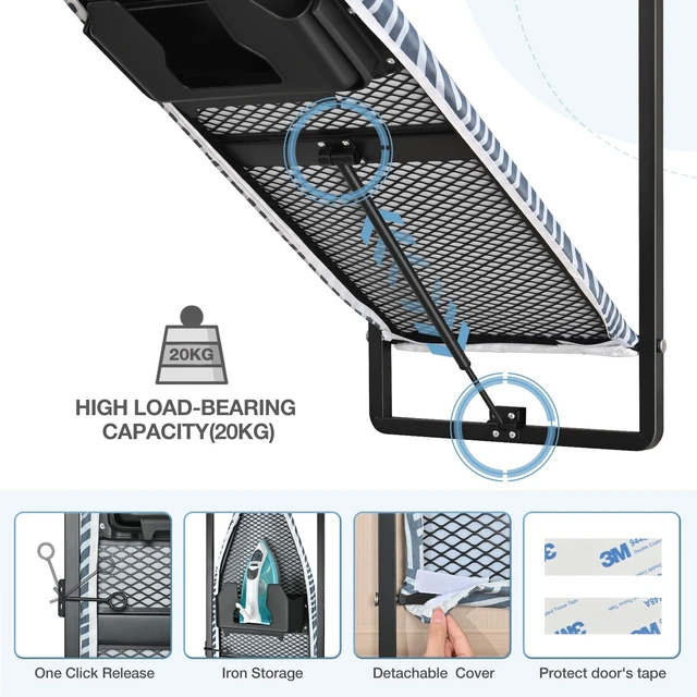 Alt view image 3 of 7 - Over the Door Ironing Board, 36 x 12 Iron Board with Iron Storage | Safety lock, Compact foldable Ironing board suitable for laundry rooms, bedrooms, dormitories and small spaces, blue