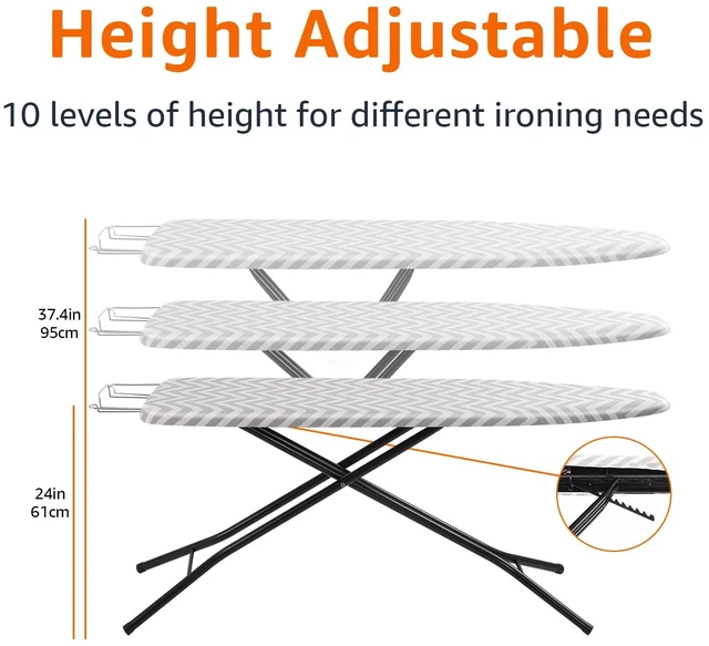 Alt view image 3 of 4 - Height Adjustable Full-Size Foldable Ironing Board, 4-Leg Fold-Up, Chevron Removable Cover, 60" x 14" x 38"