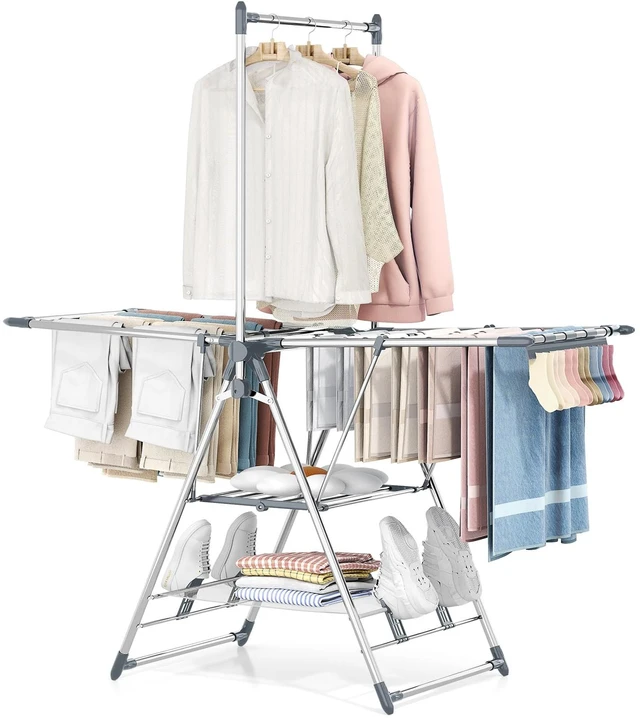 Main image of Clothes Drying Rack with High Hanger, 3-Level Drying Racks | Foldable Laundry Stand with Adjustable Wings,Shoe Rack, Crossbar, Wings Grey