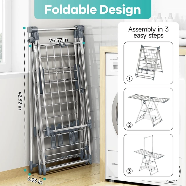 Alt view image 3 of 7 - Clothes Drying Rack with High Hanger, 3-Level Drying Racks | Foldable Laundry Stand with Adjustable Wings,Shoe Rack, Crossbar, Wings Grey