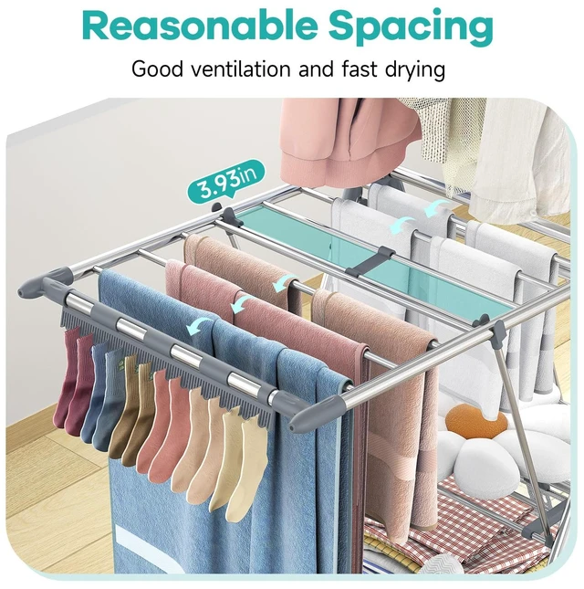 Alt view image 4 of 7 - Clothes Drying Rack with High Hanger, 3-Level Drying Racks | Foldable Laundry Stand with Adjustable Wings,Shoe Rack, Crossbar, Wings Grey