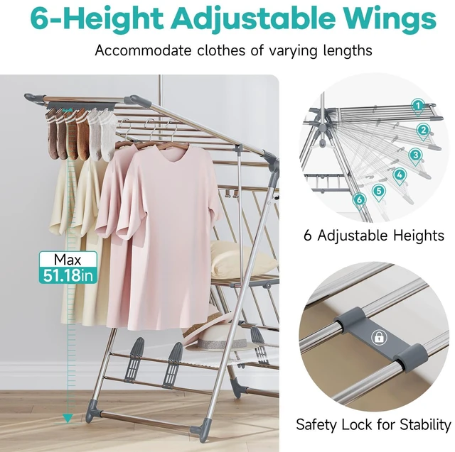 Alt view image 2 of 7 - Clothes Drying Rack with High Hanger, 3-Level Drying Racks | Foldable Laundry Stand with Adjustable Wings,Shoe Rack, Crossbar, Wings Grey