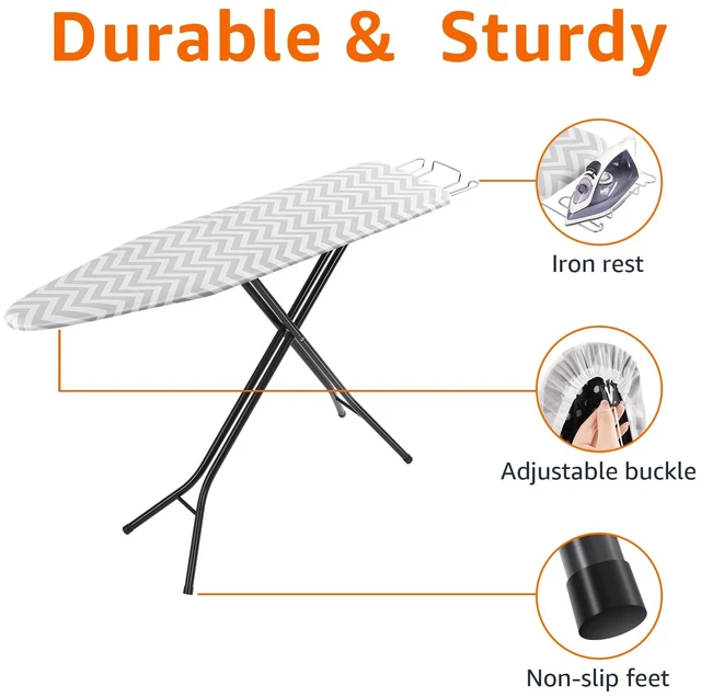 Alt view image 4 of 4 - Height Adjustable Full-Size Foldable Ironing Board, 4-Leg Fold-Up, Chevron Removable Cover, 60" x 14" x 38"