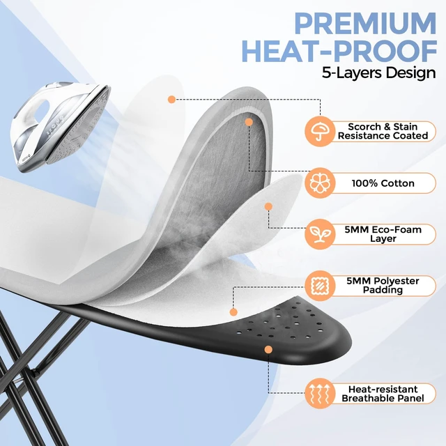 Alt view image 5 of 7 - Foldable Compact Heigh Adjustable Ironing Board with Silicone | 13 x 43 inches Stander Size, 7-height adjustable with Heat Resistant Cover and safety lock, Foldable compact for space saving