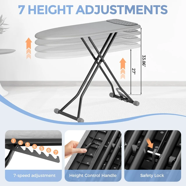 Alt view image 2 of 7 - Foldable Compact Heigh Adjustable Ironing Board with Silicone | 13 x 43 inches Stander Size, 7-height adjustable with Heat Resistant Cover and safety lock, Foldable compact for space saving