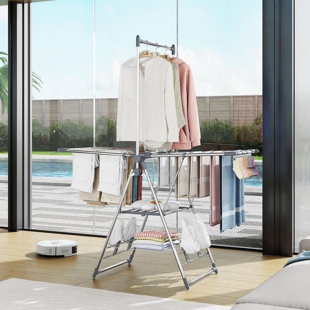 Alt view image 7 of 7 - Clothes Drying Rack with High Hanger, 3-Level Drying Racks | Foldable Laundry Stand with Adjustable Wings,Shoe Rack, Crossbar, Wings Grey