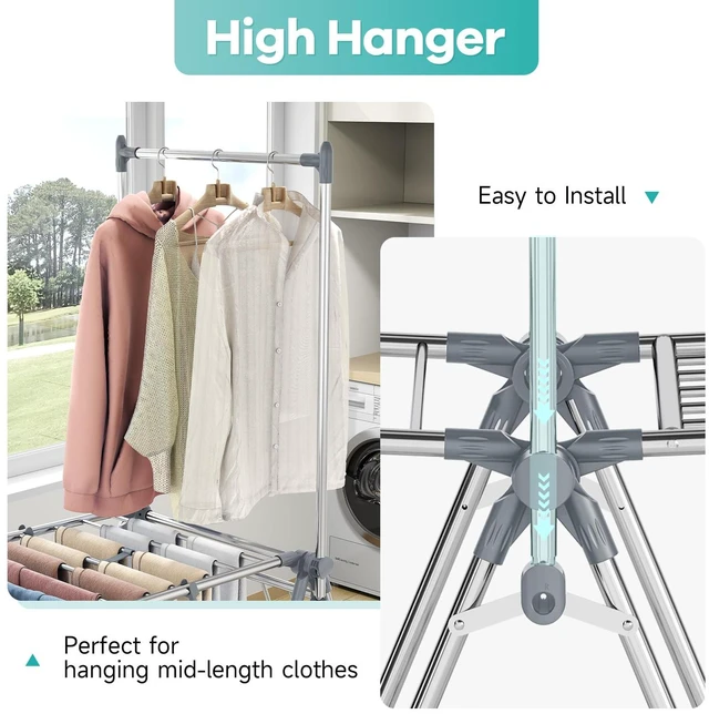 Alt view image 5 of 7 - Clothes Drying Rack with High Hanger, 3-Level Drying Racks | Foldable Laundry Stand with Adjustable Wings,Shoe Rack, Crossbar, Wings Grey