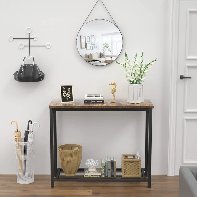 Alt view image 3 of 7 - 32 Small Console Table Sofa Table, Entryway Table with Mesh Shelves, Rustic Sofa Table 2 Tier, Entry Table for for Entryway, Front Hall, Hallway, Sofa, Couch, Living Room, Kitchen, Behind Couch Table