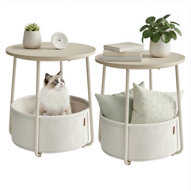 Main image of Small Round Side End Table, Small Nightstand with Fabric Basket | Modern Bedside Table Set of 2, for Living Room, Bedroom, Cream White, LILEA Collection ULET225LL01S