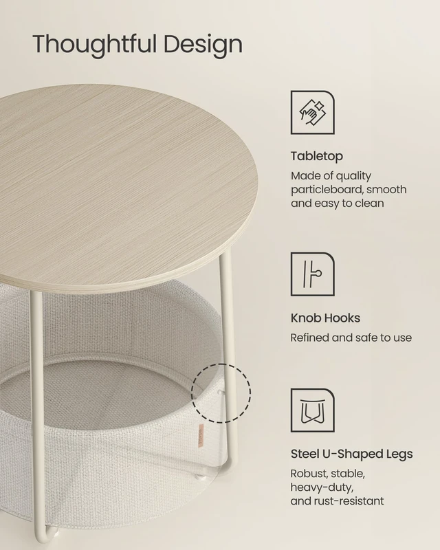 Alt view image 3 of 7 - Small Round Side End Table, Small Nightstand with Fabric Basket | Modern Bedside Table Set of 2, for Living Room, Bedroom, Cream White, LILEA Collection ULET225LL01S