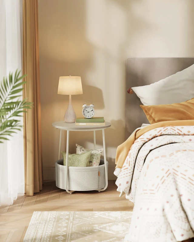 Alt view image 6 of 7 - Small Round Side End Table, Small Nightstand with Fabric Basket | Modern Bedside Table Set of 2, for Living Room, Bedroom, Cream White, LILEA Collection ULET225LL01S