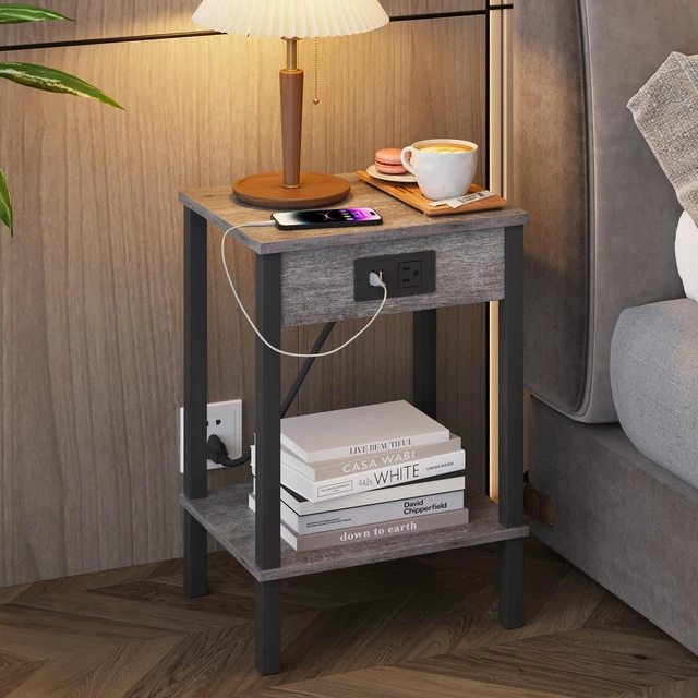 Alt view image 2 of 7 - Side Table with Charging Station, Set of 2 End Tables with USB Port and Outlets, Nightstands with 2-Tier Storage Shelves, Sofa Table for Small Space, Living Room, Bedroom, Grey 102H2
