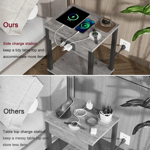 Alt view image 3 of 7 - Side Table with Charging Station, Set of 2 End Tables with USB Port and Outlets, Nightstands with 2-Tier Storage Shelves, Sofa Table for Small Space, Living Room, Bedroom, Grey 102H2