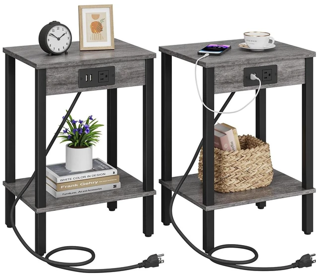 Main image of Side Table with Charging Station, Set of 2 End Tables with USB Port and Outlets, Nightstands with 2-Tier Storage Shelves, Sofa Table for Small Space, Living Room, Bedroom, Grey 102H2
