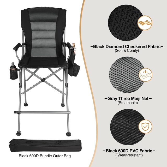 Alt view image 7 of 7 - Extra Tall Folding Chairs for Adults 330lbs, Portable Bar Height Foldable Director Chairs for Camping Outside, Comfortable with Makeup Pocket, High Back and Footrest, Black