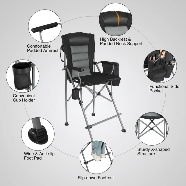 Alt view image 6 of 7 - Extra Tall Folding Chairs for Adults 330lbs, Portable Bar Height Foldable Director Chairs for Camping Outside, Comfortable with Makeup Pocket, High Back and Footrest, Black