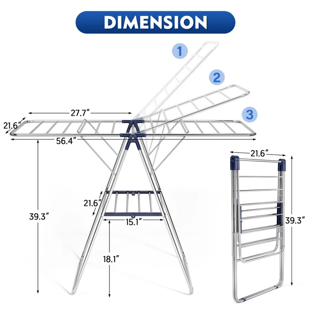 Alt view image 2 of 7 - Large Stainless Steel Clothes Drying Rack | Fully Assembled, Drying Rack Clothing with Height-Adjustable, Foldable Gullwings Laundry Rack, Indoor Outdoor Use, Blue