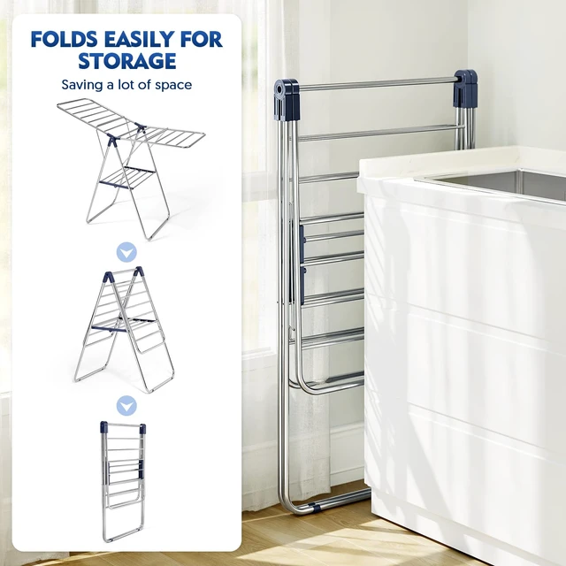 Alt view image 3 of 7 - Large Stainless Steel Clothes Drying Rack | Fully Assembled, Drying Rack Clothing with Height-Adjustable, Foldable Gullwings Laundry Rack, Indoor Outdoor Use, Blue