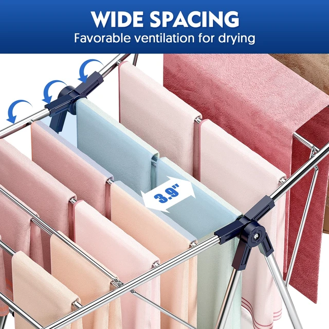 Alt view image 5 of 7 - Large Stainless Steel Clothes Drying Rack | Fully Assembled, Drying Rack Clothing with Height-Adjustable, Foldable Gullwings Laundry Rack, Indoor Outdoor Use, Blue
