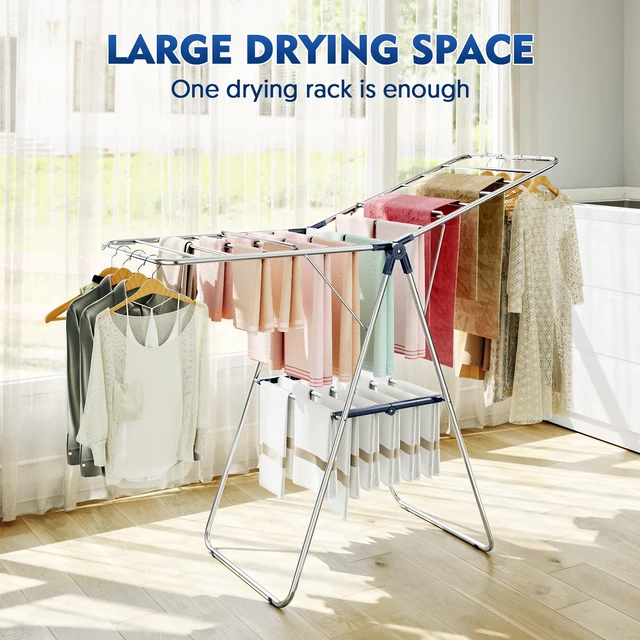 Alt view image 6 of 7 - Large Stainless Steel Clothes Drying Rack | Fully Assembled, Drying Rack Clothing with Height-Adjustable, Foldable Gullwings Laundry Rack, Indoor Outdoor Use, Blue