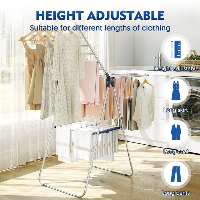 Alt view image 7 of 7 - Large Stainless Steel Clothes Drying Rack | Fully Assembled, Drying Rack Clothing with Height-Adjustable, Foldable Gullwings Laundry Rack, Indoor Outdoor Use, Blue