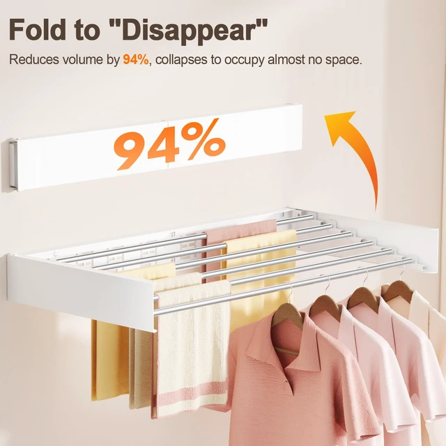 Alt view image 4 of 7 - Wall Mounted Clothes Drying Rack Folding Indoor, Foldable Laundry Drying Rack Collapsible,Invisible, Space Saving, Retractable Towel Drying Rack, with Wall Template(6 Drying Rods, White 40")