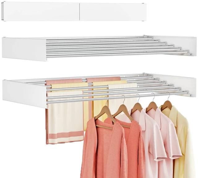 Main image of Wall Mounted Clothes Drying Rack Folding Indoor, Foldable Laundry Drying Rack Collapsible,Invisible, Space Saving, Retractable Towel Drying Rack, with Wall Template(6 Drying Rods, White 40")
