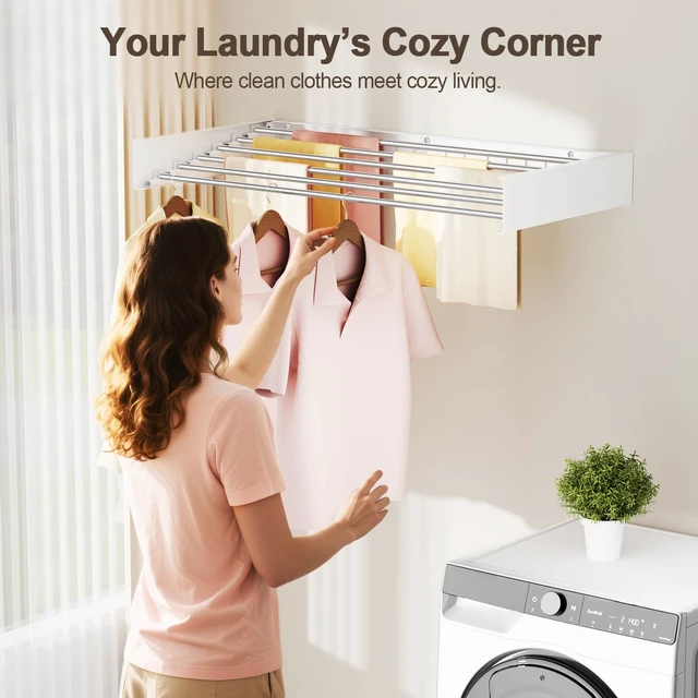 Alt view image 2 of 7 - Wall Mounted Clothes Drying Rack Folding Indoor, Foldable Laundry Drying Rack Collapsible,Invisible, Space Saving, Retractable Towel Drying Rack, with Wall Template(6 Drying Rods, White 40")