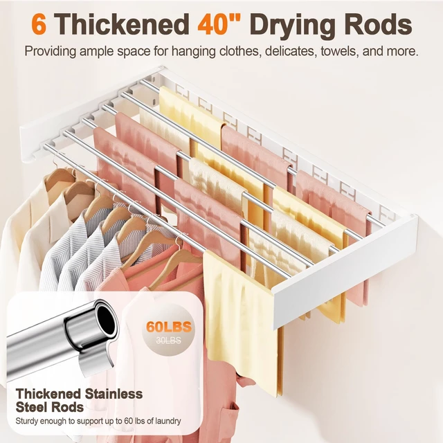 Alt view image 5 of 7 - Wall Mounted Clothes Drying Rack Folding Indoor, Foldable Laundry Drying Rack Collapsible,Invisible, Space Saving, Retractable Towel Drying Rack, with Wall Template(6 Drying Rods, White 40")